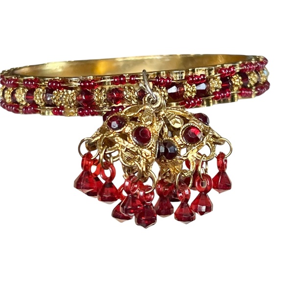 Vintage Ruby Red & Gold Beaded Bangle Bracelet Jhumka Bollywood Festive Ethnic - Picture 2 of 5